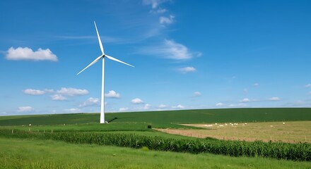 Obraz premium A solitary wind turbine stands tall in a vast green agricultural field under a clear blue sky.