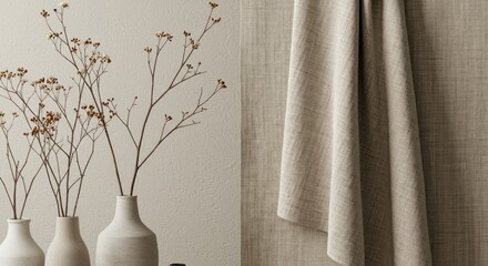 Still life of three vases with stems next to a hanging cloth all in neutral tones