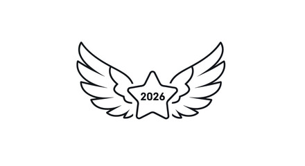 2026 Star with Wings Outline Vector Illustration.