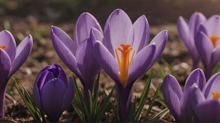 Purple Crocus Close-Up in Spring Garden With Orange Stamens and Violet Petals