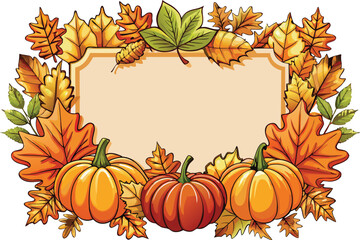 Naklejka premium Autumnal Frame with Pumpkins and Fall Leaves Bordering a Beige Sign Ready for Text with Thanksgiving or Harvest Holiday Theme