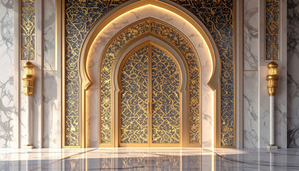 Obraz premium A grand Islamic arch doorway with golden details, marble texture, and sacred ornamental patterns.
