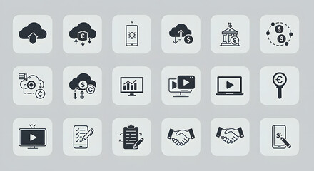 Grid of Digital Finance and Technology Icons on Light Gray Background

