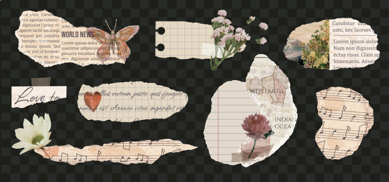 Torn old newspaper, magazine and note pad paper with flowers and jagged ends. Ripped sheet with text for scrapbook