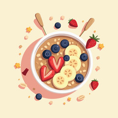 Vector illustration of healthy oatmeal porridge with berries, nuts, and warm steam, top-down flat design, cozy breakfast atmosphere, minimalist solid color style, World Porridge Day concept