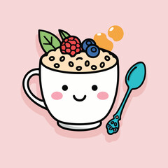 Vector illustration of healthy oatmeal porridge with berries, nuts, and warm steam, top-down flat design, cozy breakfast atmosphere, minimalist solid color style, World Porridge Day concept