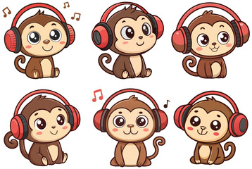 Set of adorable baby monkey cartoon characters with red headphones and music notes transparent background
