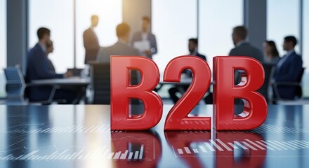 Fototapeta premium Bold red B2B logo foreground with blurred business professionals meeting in modern conference room, natural light, collaboration concept