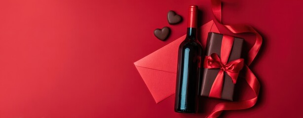 The Wine Bottle with Gift Box, Ribbon and Valentine's Day Elements on Red Background
