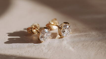 Fototapeta premium Golden stud earrings dazzling with brilliant round cut gemstones