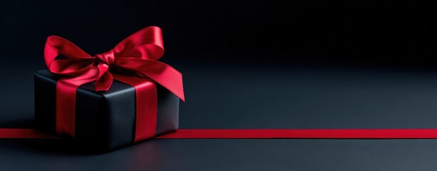The gift box wrapped in black paper with a red silk bow on dark surface