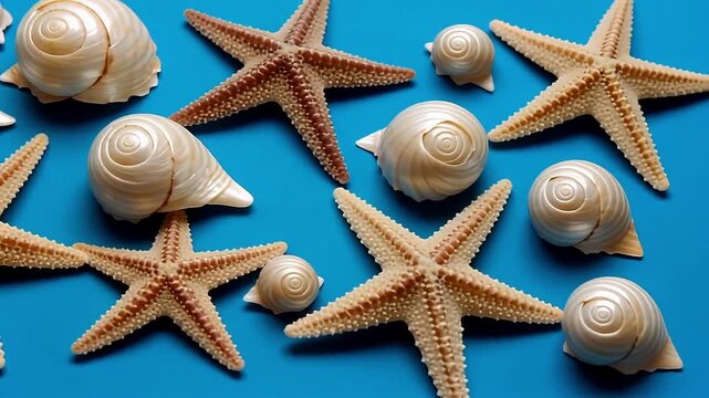 Vibrant starfish and elegant seashells arranged beautifully on a bright blue background, evoking summer beach vibes.