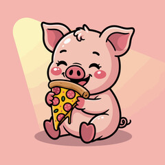 This adorable piglet character happily munches on a large slice of pizza, showcasing its love for tasty food in a cheerful and playful manner. Perfect for food lovers!