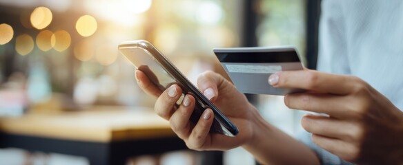 The Smartphone and Credit Card Used for Secure Mobile Payment at a Coffee Shop