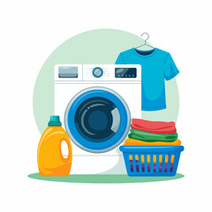 A clean and stylish washing machine loaded with colorful laundry. Tools like detergent and a neat basket accentuate cleanliness and home life in a modern context.