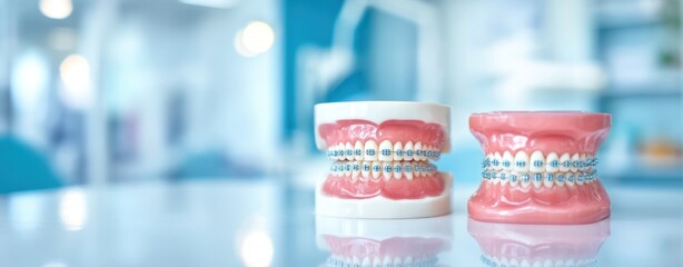 The Dental Models with Braces on Reflective Surface in Modern Dental Clinic