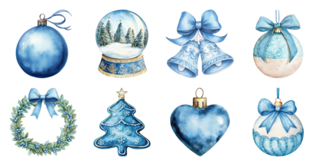 PNG Elegant blue holiday ornaments collection, element set on transparent background