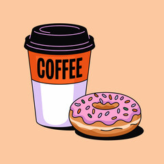 An enticing illustration of a coffee cup and a pink donut with sprinkles, representing a delightful café experience and the joy of simple pleasures in life.