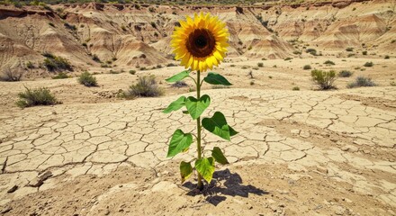 A single sunflower stands in a cracked desert landscape with barren hills in the background