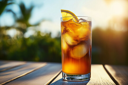 Refreshing Arnold Palmer drink with ice and lemon on wooden table  