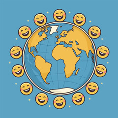Minimal flat World Smile Day vector art with smiley faces, balloons, flowers, hearts, diverse people, cartoon children, cute animals, joyful friends, emotional wellness theme, solid color flat design