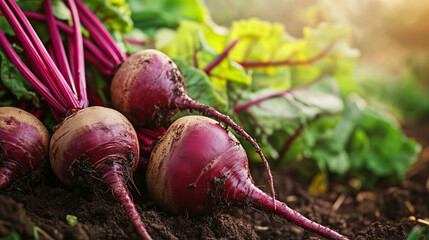 Freshly harvested beets lying in soil with green leaves in sunlight  