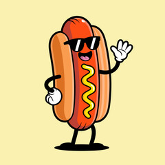 This fun and playful cartoon image features a cheerful hotdog character wearing sunglasses, perfect for food brands or event promotions.