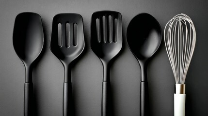 A collection of black kitchen utensils including a spatula, slotted spoon, solid spoon, and a whisk on a dark background