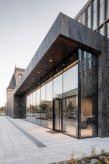 Elegant clinical laboratory building with dark glass facade in modern city center, minimalist medical architecture next to hospital, contemporary healthcare facility with sleek stone and metal design
