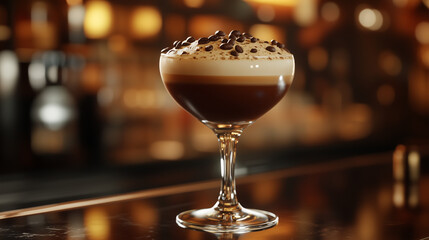 Espresso martini cocktail served in elegant glass with chocolate topping  