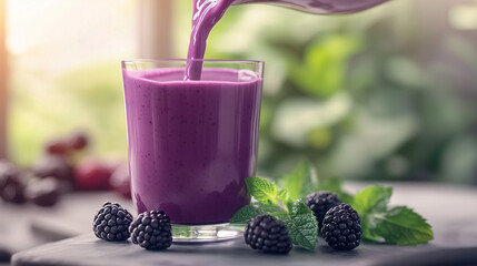 Freshly made blackberry smoothie poured into glass with berries  
