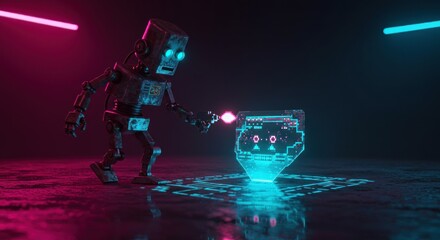 A weathered robot interacts with a pixelated glowing cube on a circuitpatterned surface