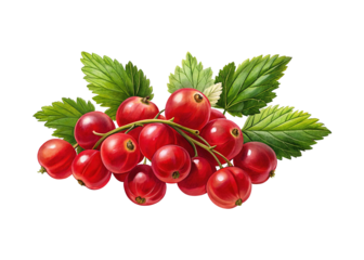 Watercolor painting of a bunch of red currants with green leaves background