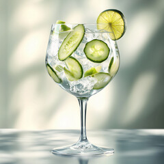 Refreshing gin and tonic with cucumber and lime in a glass  