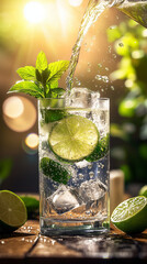 Refreshing gin and tonic being poured into glass with lime and mint  