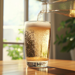 Ginger ale being poured into a glass on wooden table in bright room  