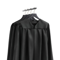 A collection of elegant black graduation gowns hanging on display, symbolizing academic achievement and celebration.