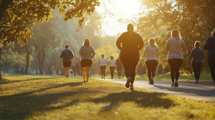 Group of overweight people jogging together in park during sunset  