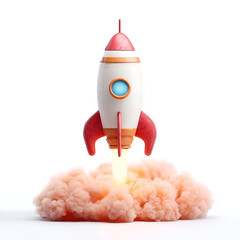 A colorful rocket model launching with vibrant smoke, symbolizing innovation and exploration in technology.