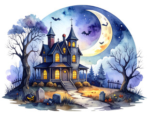 Watercolor haunted house with crescent moon, bats, creepy trees, tombstone. Halloween