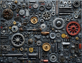 A detailed assortment of mechanical components and gears arranged artistically for industrial aesthetic.