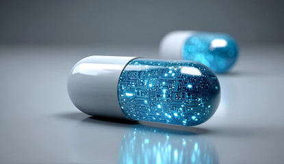 A futuristic capsule filled with glowing blue particles symbolizes advanced technology in medicine and health.