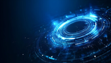 A futuristic digital design featuring glowing blue circular patterns and intricate details against a dark background.
