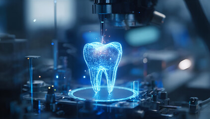 A futuristic image of a holographic tooth being created in a high-tech lab, reflecting advancements in dental technology.