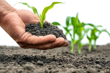 A hand holding soil with a small green sprout, signifying growth and nurturing in agriculture or gardening.