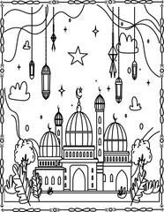 A Black and White Image of a Mosque with a Crescent Moon Symbolizing Islamic Art and Architecture Featuring the Word Mosque.