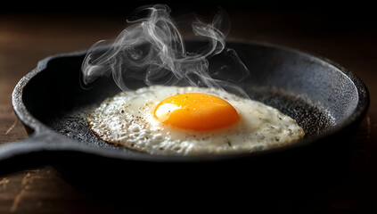 A perfectly fried egg sizzling in a cast iron skillet, exuding steam and flavor, ideal for breakfast lovers.