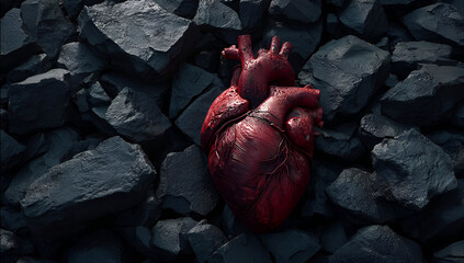 A realistic depiction of a heart resting on dark stones, symbolizing emotion, resilience, and the fragility of life.