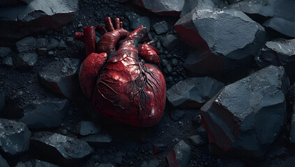 A realistic rendering of a human heart resting on a rocky surface, symbolizing life, emotion, and vulnerability.
