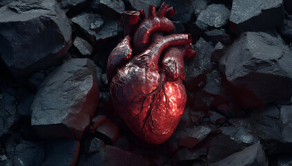 A realistic rendering of a human heart set against a backdrop of dark stones, symbolizing strength and emotion.